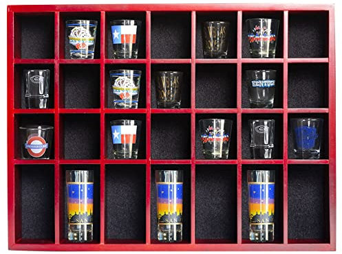 ARRAWIS Shot Glass Display Case 18 x13 Solid Wood Wall Mounted Collection Cabinet 28 Slots Small Curio Cabinet Rack (No Door)