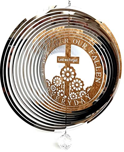 SK Lest We Forget Cross Poppies Stainless Steel Metal Garden Wind Spinner With Crystal Suncatcher - Great Garden Decor Ornament Part Of The Hanging Decorations and Hanging Ornaments Range
