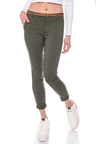 Kendindza Chino Damen Hose Stretch mit Gürtel Stoffhose Damen elegant lang