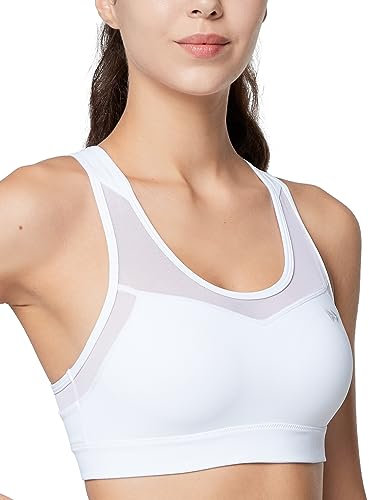 Yvette Sport BH Starker Halt Mesh Ringerrücken Große Brüste Ohne Bügel Gepolstert für Fitness Lauf Yoga,Weiß, L