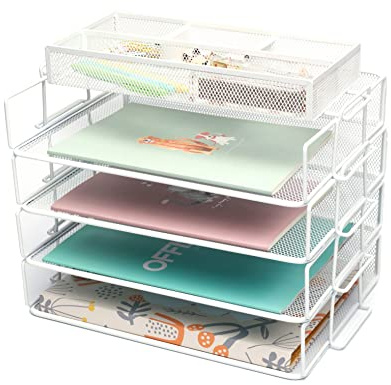Exerz Organizador de Escritorio de Alambre, Paquete de 5 Piezas, clasificador de Papel apilable de 4 Niveles con Organizador de Accesorios, 3 Compartimentos - Soporte para Archivos (5 Piezas Blanco)
