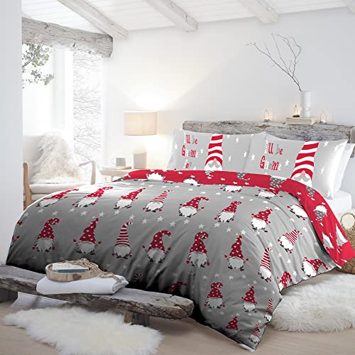Fusion - Funda Nórdica Gonk Navideña Roja - 140 x 200 cm - Reversible (2 Colores) - 100% Algodón - 1x Funda de Almohada Incluida - Funda Nórdica Gnomo Navideño - Ropa de Cama Navideña (Rojo/Gris)