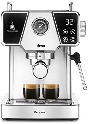 Ufesa Bergamo Cafetera Expresso y Capuccino con Manómetro, 20 Bares, 1350W, Panel Táctil, Vaporizador Orientable, Sistema Thermoblock, Depósito 1.8L, 1 o 2 Cafés, Inox