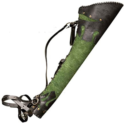 Traditioneller mittelalterlicher Rückenköcher aus PU-Leder, Vintage, verstellbare Pfeilköchertasche mit großer Tasche, handgefertigte Riemen, Gürteltasche, Bogenschießausrüstung, grün, mittelalterlic