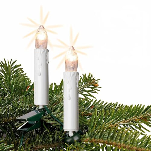 hellum Lichterkette Weihnachtsbaum, 15 Weihnachtskerzen in weiß mit Clip, Lichterkette innen mit Stecker, beleuchtete Länge 9,80m, Abstand 70cm, Kabelfarbe grün <59 Lumen 150933
