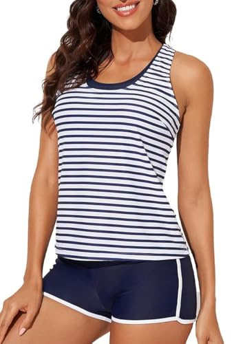 Bsubseach Womens Racerback Tankini Swimsuit with Swim Boy Shorts Color Block Sport Swimsuit Stripe Blue M