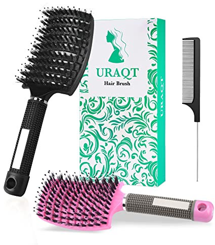 URAQT Cepillo Pelo, 2pcs Cepillo Cerdas Jabali y 1pcs Peine Pelo Rizado, Peine Antitirones Masaje Curvo y Ventilado, Cepillo Desenredante para Secado Más Rápido, Reducir Encrespamiento y Rotura