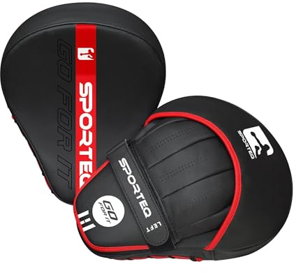 Sporteq Go Series Focus Mitts - Hook & Jab Pads, Boxing Pads with adjustable wrist strap - Curved MMA, & kickboxing Training Mitts for coaching & strike drills (Red)