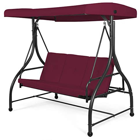 COSTWAY 3 Seater Garden Swing Chair, Convertible Outdoor Hammock Bench Chair with Adjustable Canopy and Cushions, Steel Frame Porch Patio Swing Seat Lounger for Balcony, Deck and Poolside (Wine Red)