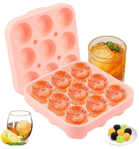 Iskubsform i silikon, ros, 9-fack iskub bricka 3D rosor isbitsbehållare med lock, återanvändbara isbitsformar BPA-fri för is, whisky, cocktail, juice, kaffe isbollsform (rosa)