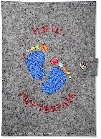 Goldi-Design Funda para pasaporte de maternidad, pies de fieltro con compartimentos adicionales y lengüeta con botón de presión (gris jaspeado)