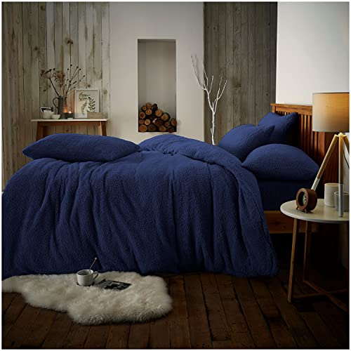 GC GAVENO CAVAILIA Teddy Bear Fleece Double Bedding Set | Soft & Cosy Thermal Warm Fluffy Double Duvet Sets With 2 Piece Pillowcases| Navy | 200 Cm x 200 Cm