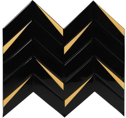 Miscasa Herringbone Peel and Stick Backsplash Gel Tile for Kitchen Bathroom, Chevron Black and Gold Self Adhesive Wall Tile Stick on Fireplace, Living Room, Accent Wall, Rv (10 Sheets)