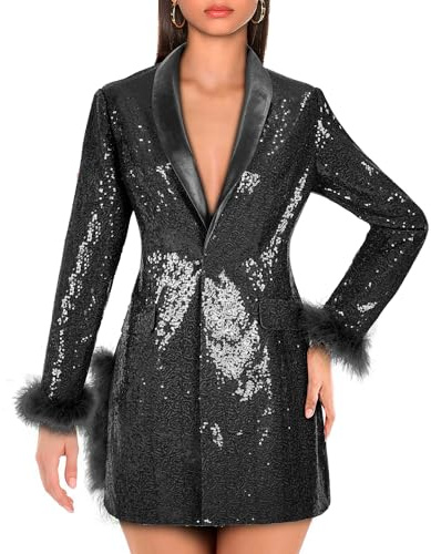Women Sequin Jacket Long Sleeved Slim Blazer with Pocket(Z3519BK,2XL)
