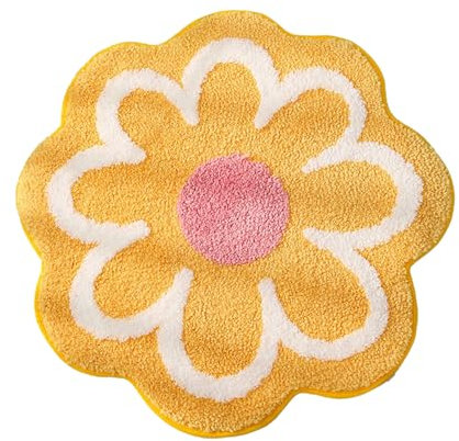 Badezimmerteppich mit Niedlichen Blumen, 60 Cm, Kleiner Runder Teppich, Weiche, Saugfähige Matte, Rutschfeste, Waschbare Fußmatte für Badewanne, Schlafzimmer, Böden, Kinderzimmer, Eingang(Gelb)