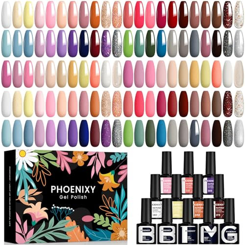 Phoenixy 60PCS Vernis Semi Permanent 55 Couleurs Vernis Gel U V Semi Permanent avec 1 Base Coat 4 Top Coat Brillant Matt et Glitter Lot de Vernis Semi Permanent pour Débutants