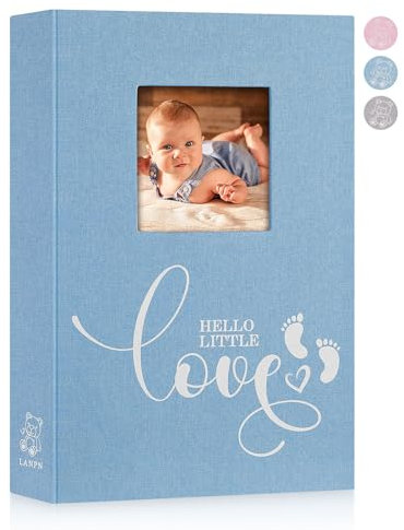 Lanpn Baby Photo Album 6x4 300 Pockets, Linen Hardcover Newborn Memory Book with Memo Writing Area, Bebe Photobook, Slip-in Picture Book, Ultrasound Album Keepsake Gifts for Boy Baby Shower Blue