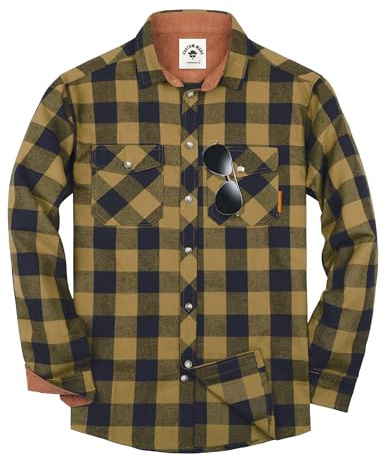 TARAINYA flanellskjorta herr långärmad rutig skjorta skogsarbetarskjorta oktoberfest med ficka normal passform, Gul marinblå, 3XL