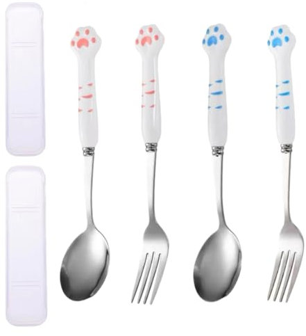 Vastsea 4 Pezzi Set di Posate per Bambini, Forchette e Cucchiai Bambini, Set di Forchette e Cucchiai per Bambini, Artigli di Gatto Forchetta e Cucchia, per Bambino, Casa Scuola Uso (Rosa,Blu)