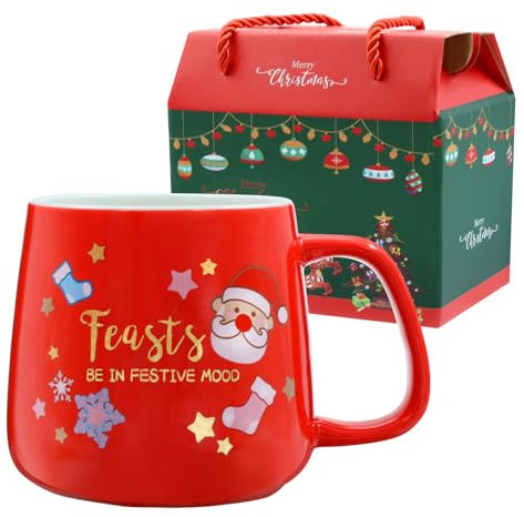 LIHAO Christmas Mug Xmas Santa Cups Ceramic Drink Cup for Tea Hot Chocolate Coffee Drinks (Red)