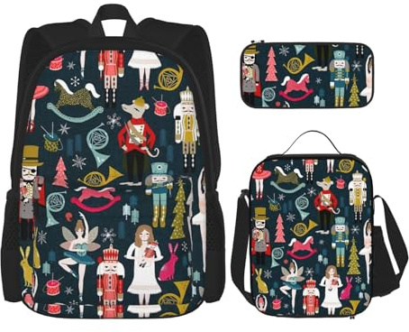 OKFSTY Sac à dos 3 pièces, motif casse-noisette, danse de Noël, 40,6 cm, sac à livres et boîte à déjeuner léger pour garçons, Noir , Taille unique, Ensemble cartable