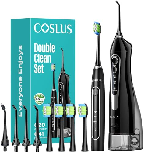 COSLUS C20 & C41 Portable Water Flosser with Electric Toothbrush Combo: 2-in-1 Oral Clean Kit for Teeth, Braces, Gums Care - Brushing & Flossing for Adults, Family, Travel Use, BPA-Free, Black