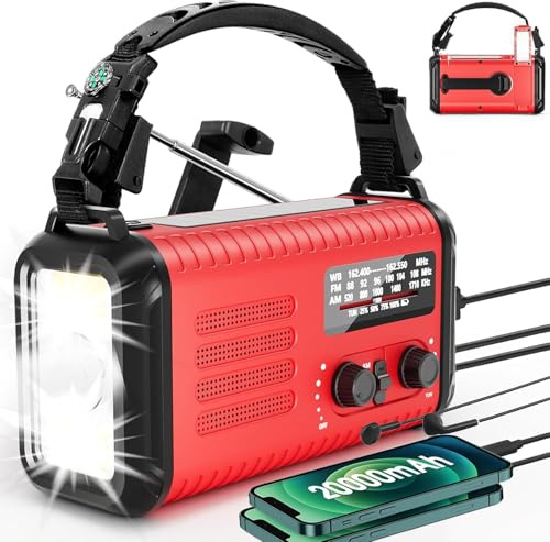 Emergency Hand Crank Weather Radio, 20000mAh AM/FM/NOAA Solar Powered Radio with Phone Charger, USB Charger, LED Flashlight, Reading Lamp, Headphone Jack, SOS Alarm, Emergency Compass