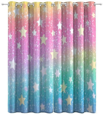 Blickdichte Vorhänge, Verdunkelungsvorhang - Anime-Landschaft strahlende Sterne 160 x 140 cm - Vorhänge Mit Ösen, Polyester für Schlafzimmer, Geräuschreduzierung, Farbverlauf Regenbogenfarben
