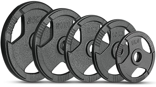 FK Sports Cast Iron Olympic Weight Plates - Cast Iron Weight Plates 2” opening, 5kg, 10kg, 15kg, 20kg, 25kg Tri Grip Barbell Weights, Gym Equipment for Home, Sold in Pair (10 Kilograms)
