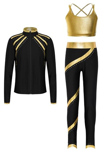Aiihoo Mädchen Sportanzug Kinder Trainingsanzug Metallic Crop Top Weste + Langarm Sweatshirt + Sport Leggings Sporthose Jogginganzug Yoga Gym Fitness Gold 170-176