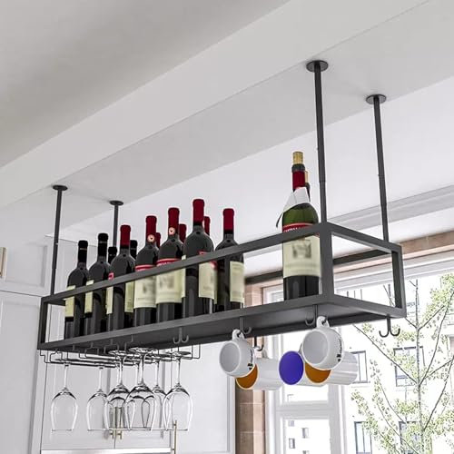 Estante colgante de metal para botellas de vino para el hogar, bar, estante de techo moderno con estantes de almacenamiento flotantes para copas de vino, soporte de vidrio montado en la pared (negro,