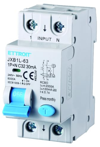230V 32A C32, INTERRUTTORE MAGNETOTERMICO DIFFERENZIALE SALVAVITA, 1P+N, MONTAGGIO SU BARRA DIN, 2 MODULI, 30mA, 6KA 6000A, RCBO, 240VAC, classe A