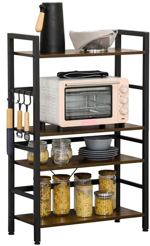 HOMCOM Estantería de Cocina de 4 Niveles Estante de Cocina con 4 Estantes Ganchos y Sistema Antivuelco Estantería para Microondas 65x30x102 cm Marrón Rústico y Negro