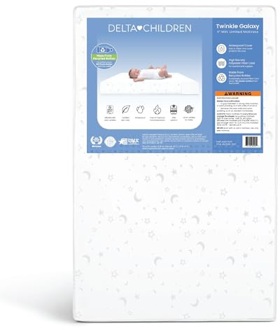 Delta Children Twinkle Galaxy Limited 4-inch Mini Crib Mattress - Premium Sustainably Sourced Fiber Core - Waterproof - GREENGUARD Gold Certified (Non-Toxic) - 5 Year Warranty - Made in USA