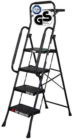 PROREGAL Profi-Escabeau pliant avec certification TÜV/GS, avec arceau manuel et plateau à outils 4 marches avec surface striée HxLxP 160x51x87cm Capacité de charge 150kg Acier Noir, Marche Pied Pliant