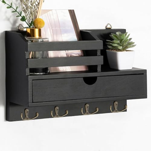 Irayin Portachiavi da Parete con Cassetto Portaoggetti, Portachiavi in Legno con 4 Doppio Ganci, Mensola da Parete per Portachiavi, Appendi Chiavi a Muro per Casa, Ingresso, Ufficio - Nero