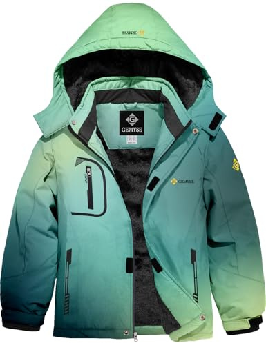 GEMYSE Jungen Skijacke Wasserdichte Winddichte Winterjacke Warm Gefütterte Kinder Schneejacke mit Kapuze für Outdoor(Grüner Farbverlauf,152-158)