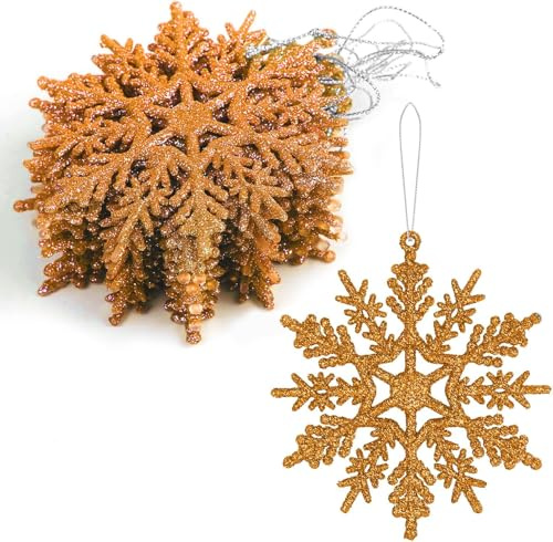 SULOLI 12 Piezas Decoración de Copos de Nieve，Adornos de Copo de Nieve con Purpurina,Colgante de Copo de Nieve，Decoraciones Utilizadas para Colgar en el Àrbol de Navidad, Hogar, Empresa（Dorado）