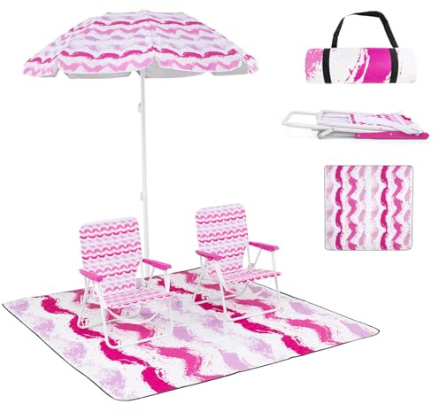 KOMFOTTEU Juego de 2 Sillas de Playa con Sombrilla y Manta de Picnic (Rosa) | Sillas Pórtatiles Plegables con Portavasos, Sombrilla Reclinable a 30 ° con Bolsa de Transporte, para Camping, Pesca