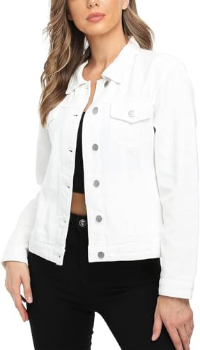 J.Corrine Veste en jean vintage pour femme avec design cousu, coupe droite de style camionneur, manches longues, vestes en jean polyvalentes pour femme, Blanc., L