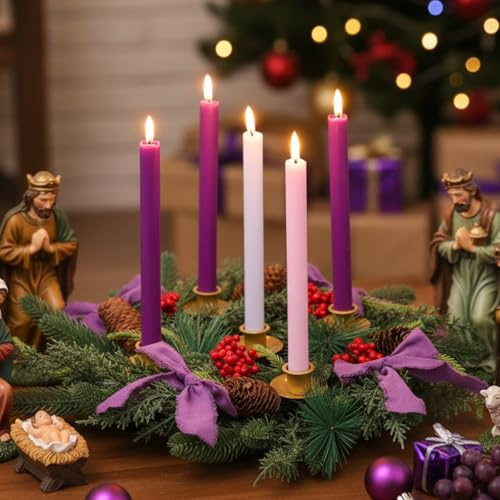 Suncalla 6 Pcs Purple Bow Christmas Advent Wreath with 5 Flameless Advent Candles, 11.8 Wreath with Remote, Flickering Flameless Candles for Candle Holder Holiday School Church X-Mas Celebration