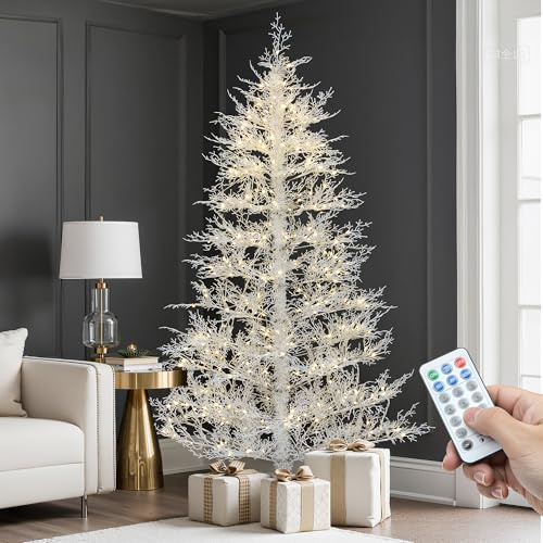 YITAHOME 6FT Prelit Birch Tree with Remote, Artificial Hinged White Aspen Fir Christmas Tree w/ 300 Warmwhite & Multicolor Switchable Fairy Lights, 550 PE Tips for Home Thanksgiving Christmas Decor