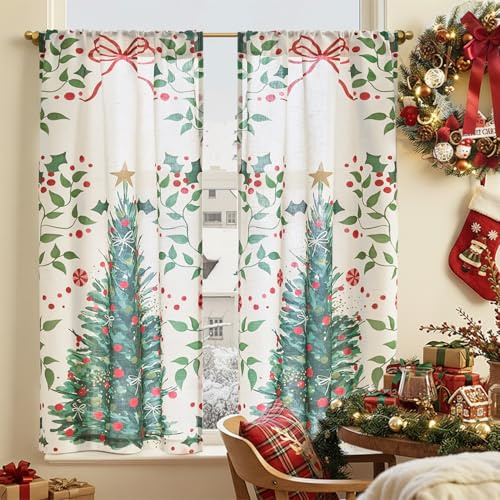 TOPICK Scheibengardinen Küche Bistrogardine 2er Set Weihnachtsgardinen Scheibengardinen Landhausstil Weihnachtsbaum, H115xB65 cm Scheibengardine Wohnzimmer Schlafzimmer Bistrogardine Leinenoptik Weiß