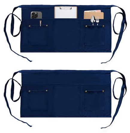 MIKI WELL Waitress Apron with 5 Pockets - Waist Apron Short Half Work Aprons for Waitress Waiter Women Men Chef (Dark Blue-2 Pack)