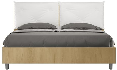 BS COM Letto matrimoniale contenitore doppia alzata 160x190 Quercia cuscini similpelle bianco