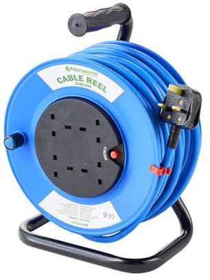 Polybound Heavy Duty 25m Extension Lead Cable Reel - 4 Way Socket with Thermal Cut-Out Protection, 13A 240V Fused UK Plug, High Visibility Blue Cable for Garden, Garage, Home and Workshop Use