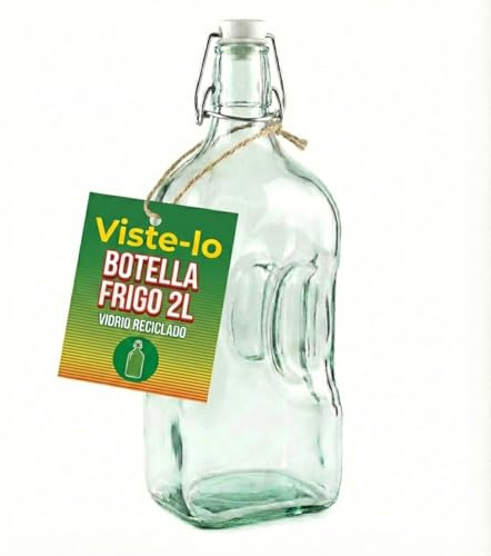 Botella Cristal Vidrio Reciclado Con Tapón Hermético Amarre Metálico Ecológica Resistente Para Agua Zumo Bebidas Frías Uso Diario Lavavajillas Oficina Hogar Cocina Exterior (CUADRADA FRIGO 2L)