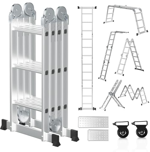 Hebitod Escalera multiusos 4 x 3, 7 en 1, escalera telescópica de aluminio, 366 cm, escalera multifunción con 2 plataformas y ruedas, carga máxima de 150 kg, escalera plegable con 12 peldaños