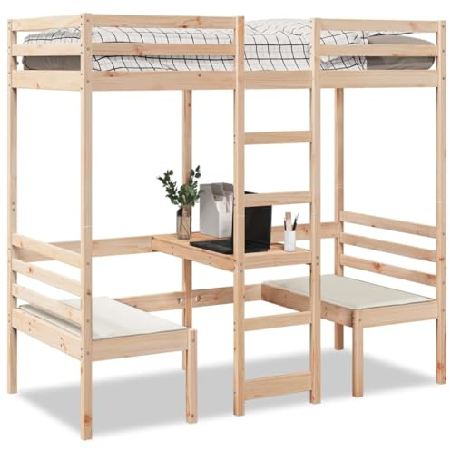 Owoxanthellate Hochbett Kiefer unbehandelt 195,5x97,5x190,5 cm mit integriertem Schreibtisch Stühlen Lattenrost 90x190 cm Jugendbett Raumsparbett für Kinder Schlafzimmer