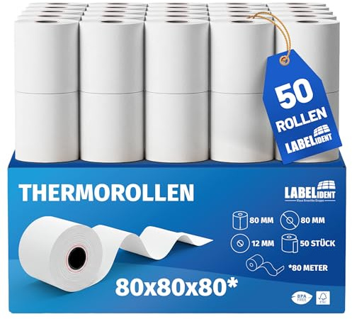 Labelident 50x Thermorollen 80mm x 80m x 12mm, Ø 80 mm, 55 g/m² | Bpa freie Bonrollen, Kassenrollen für alle gängigen Thermo Kassen-Bondrucker